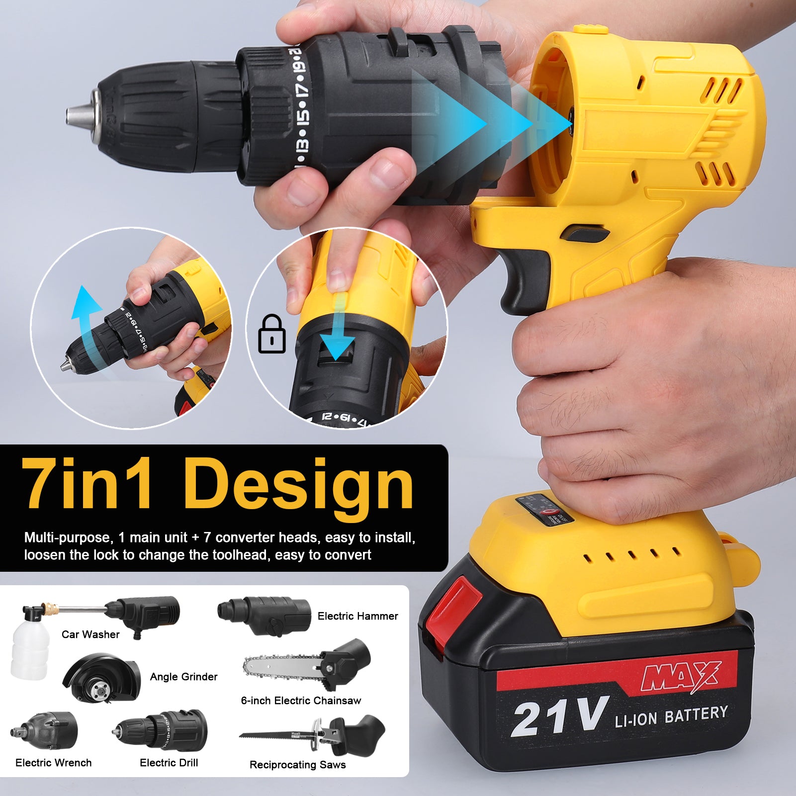 7in1 Multi-function Rechargeable Li-ion Electric Machine Set Electric Hammer Drill Chainsaw Conversion Tool Set Power Tool Kit Tristar Online