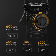 KAIWEETS HT206D Digital Clamp Meter T-RMS 6000 Counts, Multimeter Voltage Tester Auto-ranging, Measures Current Voltage Temperature Capacitance Resistance Diodes Continuity Duty-Cycle (AC/DC Current) Tristar Online