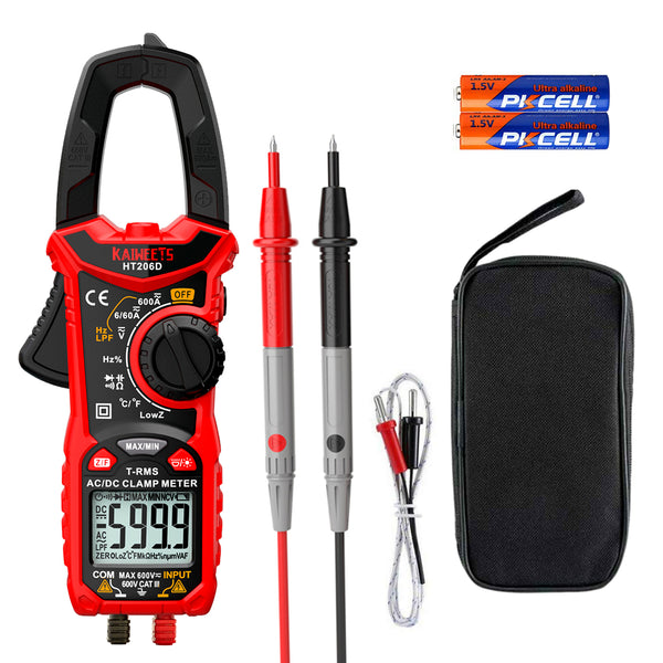 KAIWEETS HT206D Digital Clamp Meter T-RMS 6000 Counts, Multimeter Voltage Tester Auto-ranging, Measures Current Voltage Temperature Capacitance Resistance Diodes Continuity Duty-Cycle (AC/DC Current) Tristar Online