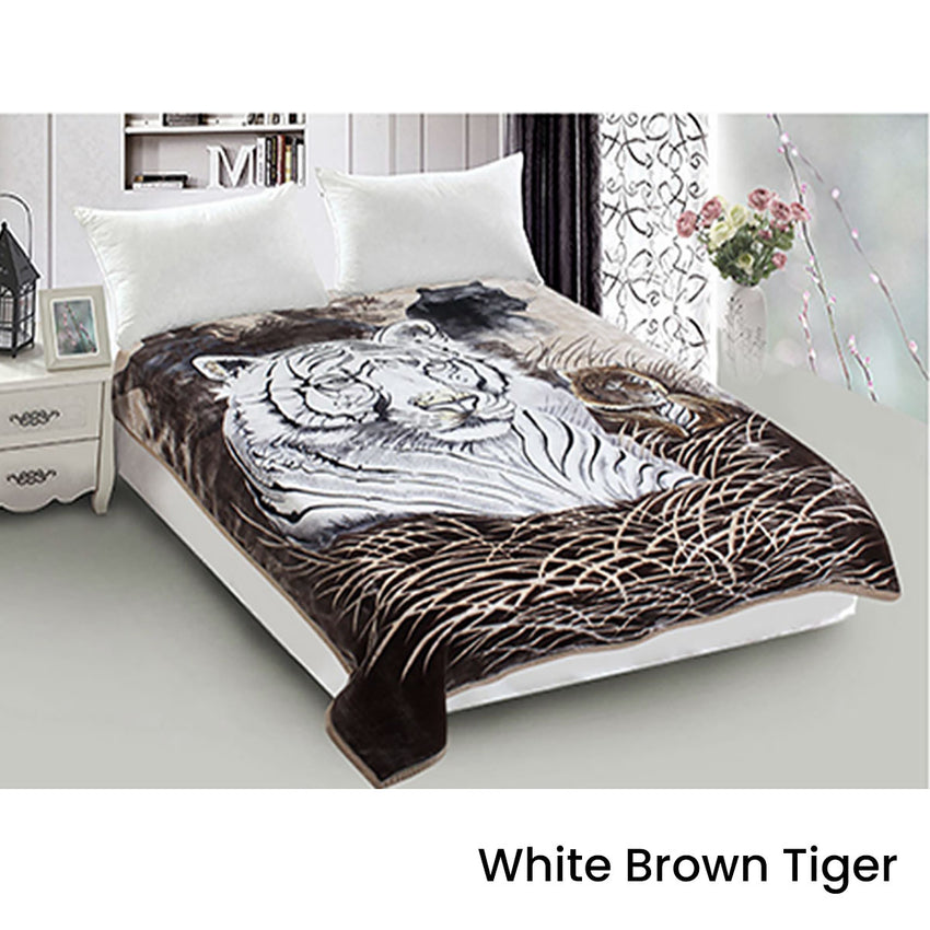 800GSM Luxury Reversible Animal Mink Blanket Queen 200 x 240 cm White Brown Tiger Tristar Online