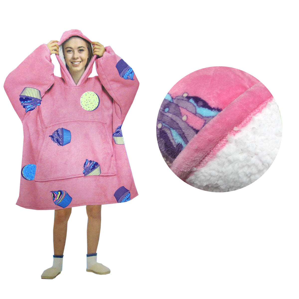 Blanket Hoodie with Sherpa Reverse Pink Cupcakes Tristar Online