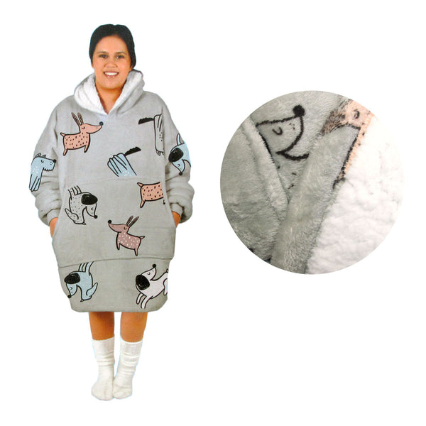 Adult Women Comfy Warm Blanket Hoodie with Sherpa Fleece Reverse Grey Dogs Tristar Online