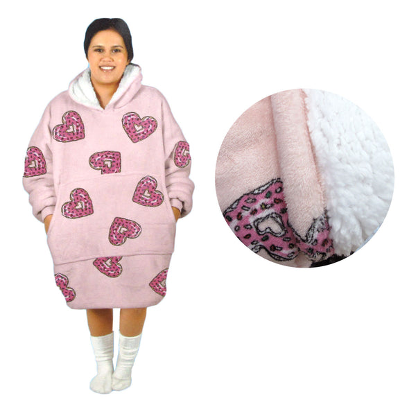 Adult Women Comfy Warm Blanket Hoodie with Sherpa Fleece Reverse Pink Hearts Tristar Online