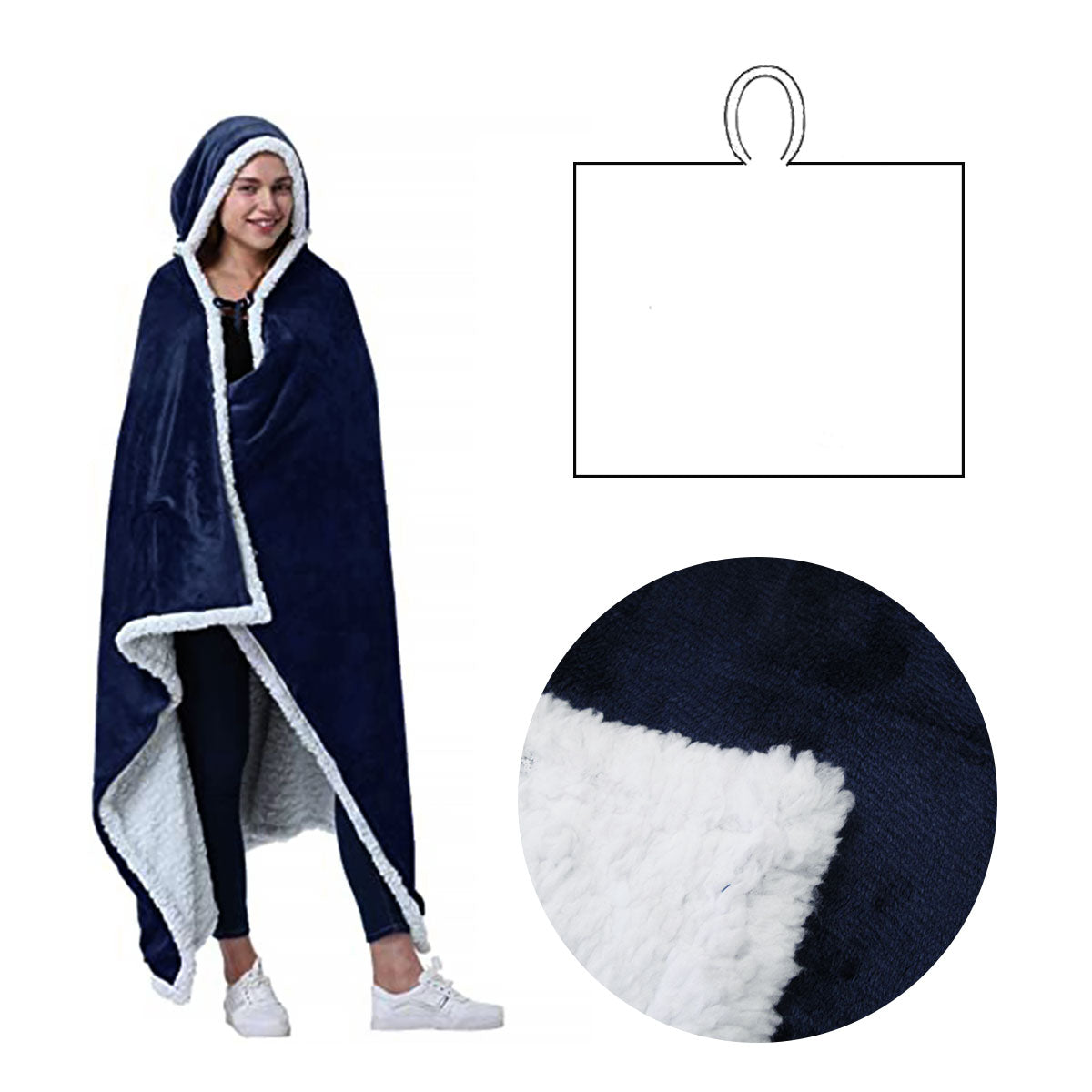Adult Men Women Open Blanket Hoodie Poncho with Sherpa Fleece Reverse Navy Tristar Online
