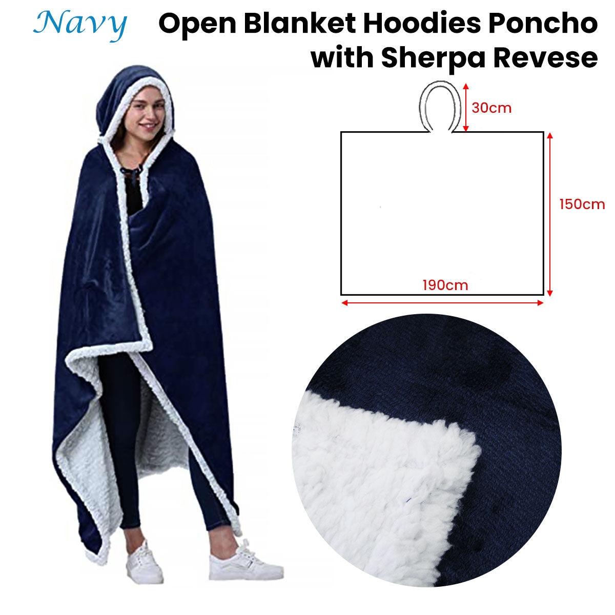 Adult Men Women Open Blanket Hoodie Poncho with Sherpa Fleece Reverse Navy Tristar Online