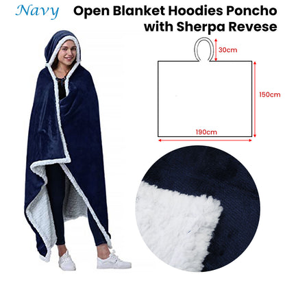 Adult Men Women Open Blanket Hoodie Poncho with Sherpa Fleece Reverse Navy Tristar Online