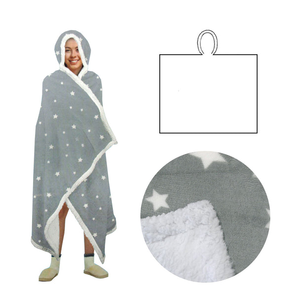 Adult Men Women Open Blanket Hoodie Poncho with Sherpa Fleece Reverse Silver Star Tristar Online