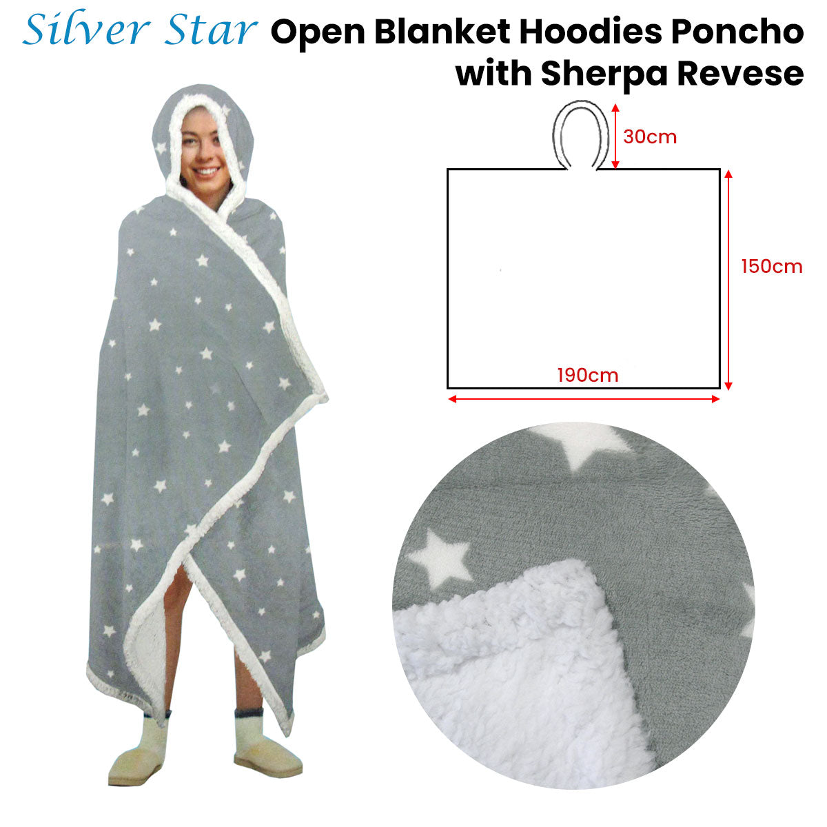 Adult Men Women Open Blanket Hoodie Poncho with Sherpa Fleece Reverse Silver Star Tristar Online