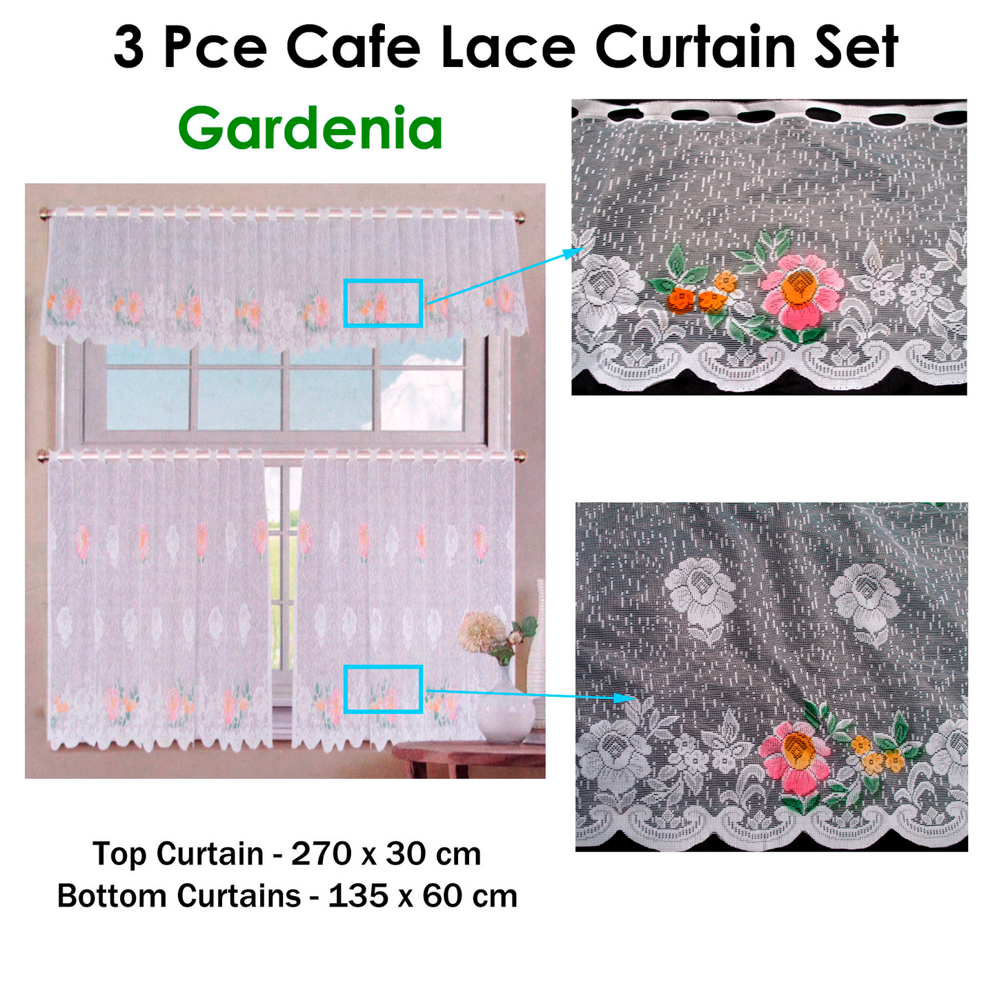3 Pce Cafe Gardenia Lace Curtain Set Tristar Online