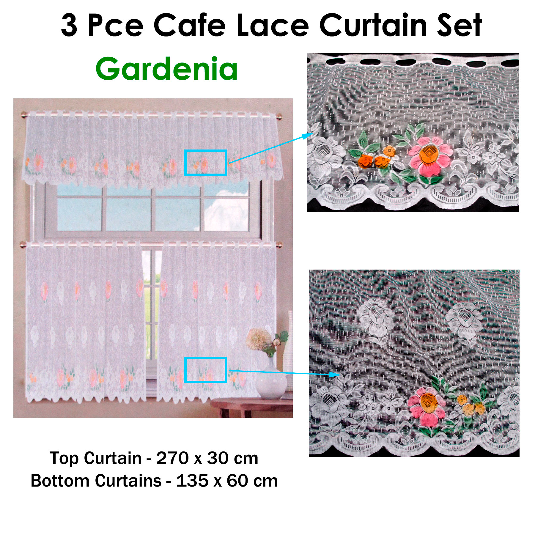 3 Pce Cafe Gardenia Lace Curtain Set Tristar Online