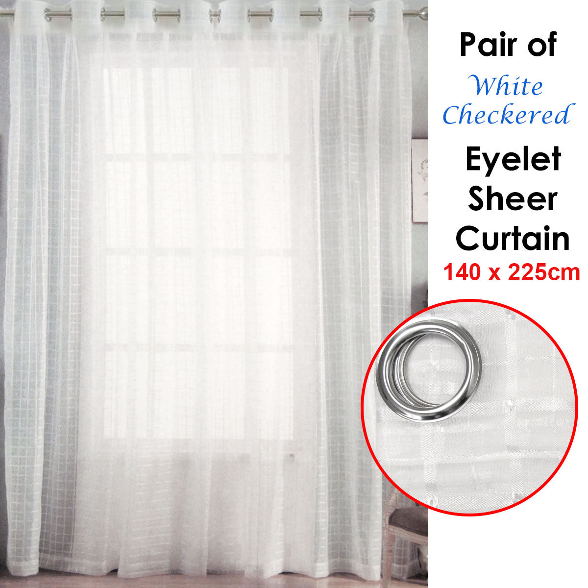 Pair of White Checkered Eyelet Sheer Curtains 140 x 225cm Tristar Online