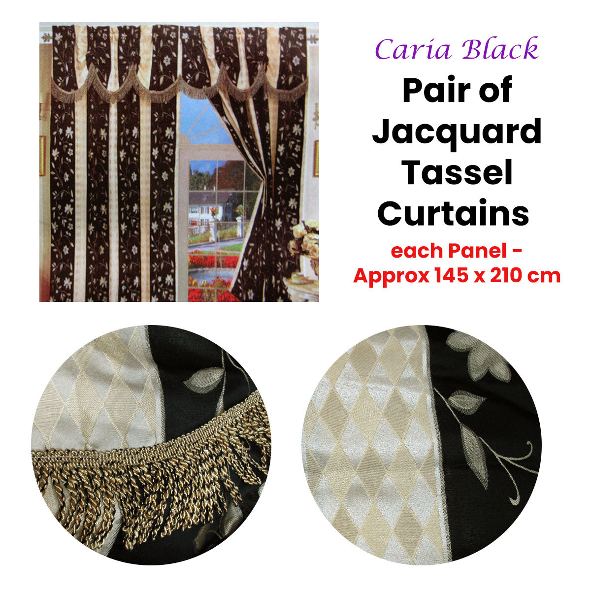 Pair of Caria Black Jacquard Tassels Unlined Curtains 145 x 210 cm Tristar Online
