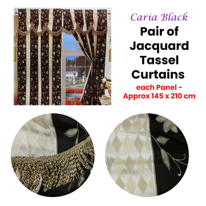 Pair of Caria Black Jacquard Tassels Unlined Curtains 145 x 210 cm Tristar Online
