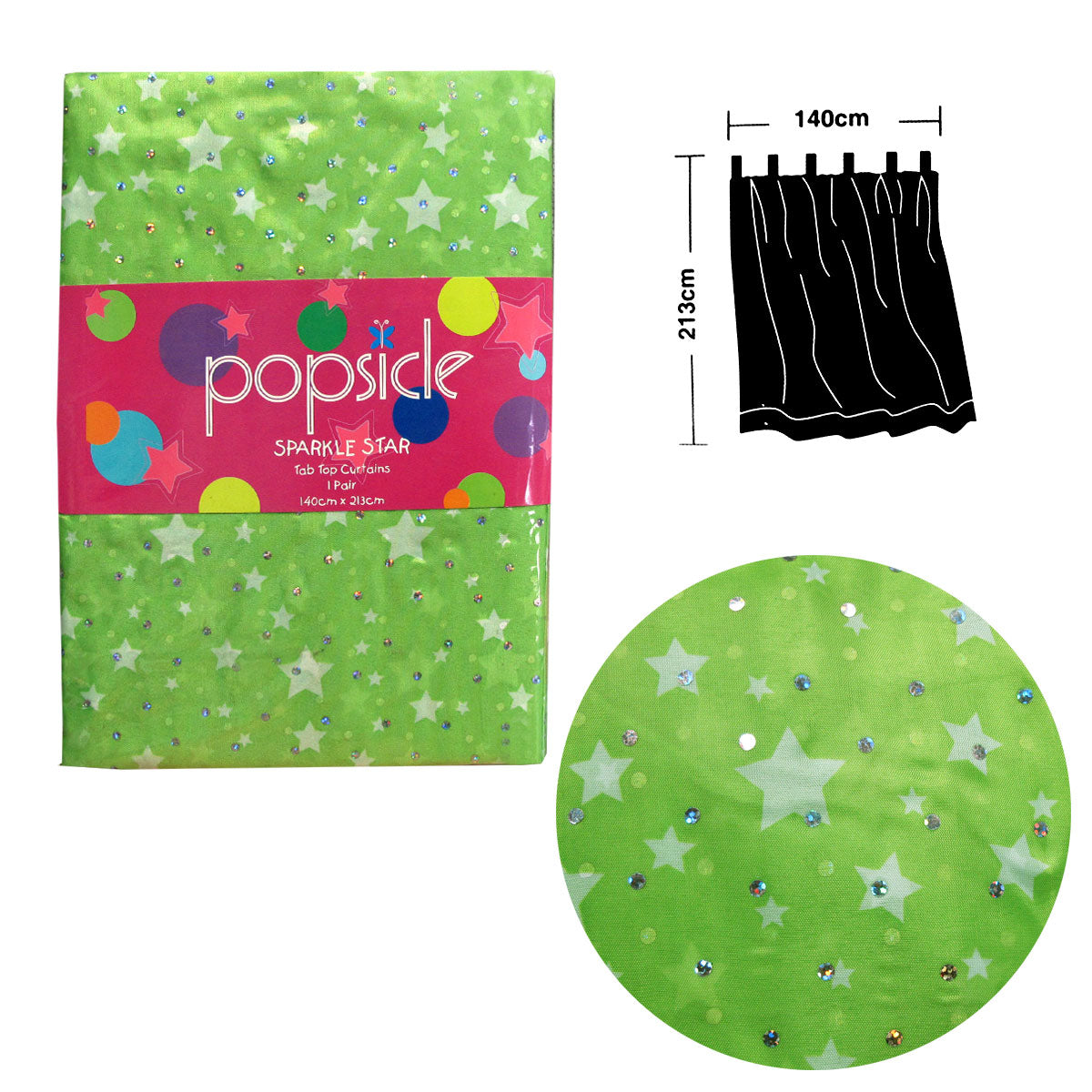 Pair of Organza Sequined Tab Top Curtains Sparkle Star Lime Green 140 x 213 cm Tristar Online