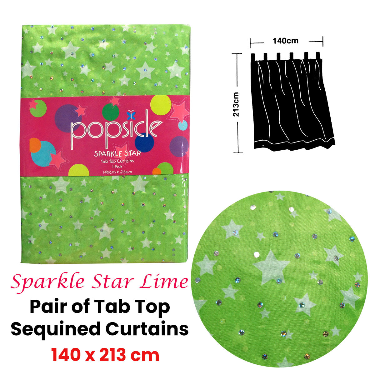 Pair of Organza Sequined Tab Top Curtains Sparkle Star Lime Green 140 x 213 cm Tristar Online