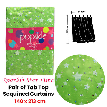 Pair of Organza Sequined Tab Top Curtains Sparkle Star Lime Green 140 x 213 cm Tristar Online