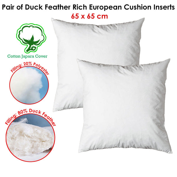 Pair of Duck Feather Rich Fill European Cushion Inserter 65 x 65 cm Tristar Online