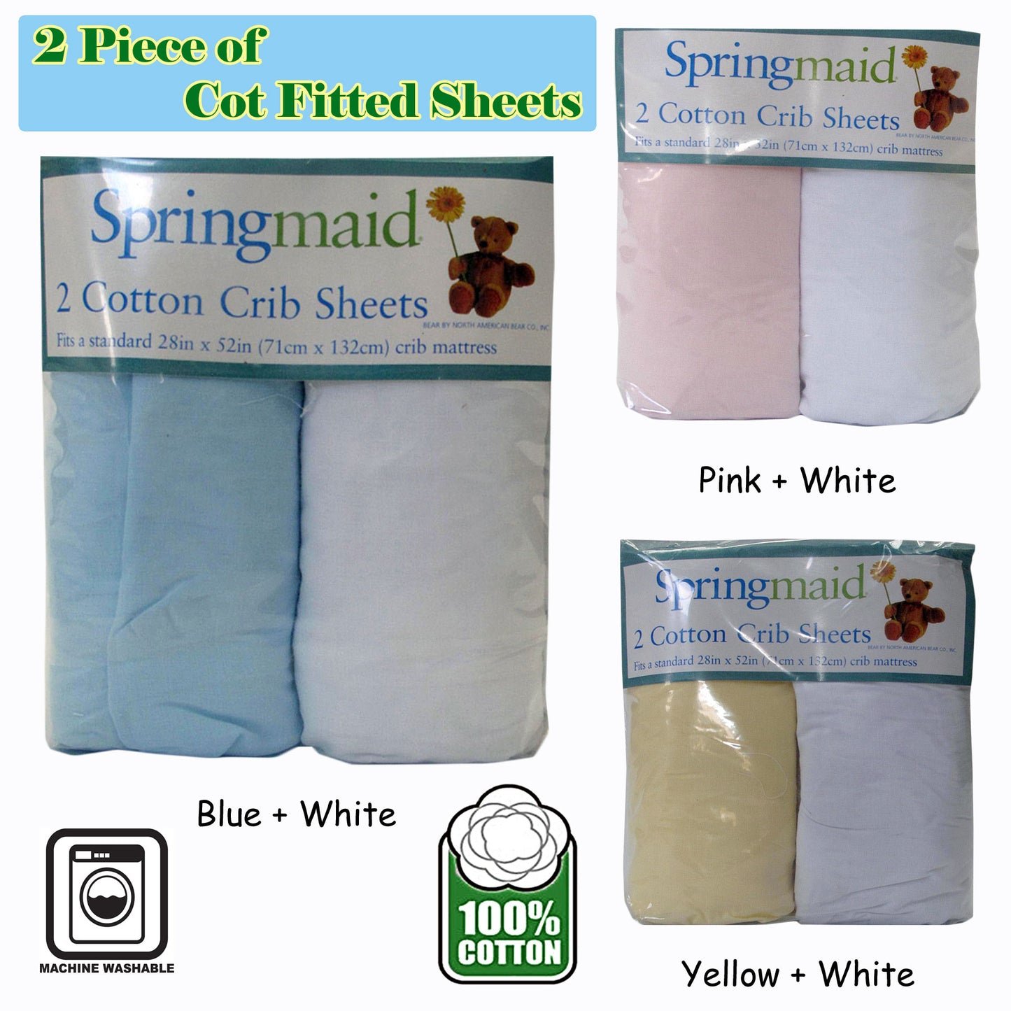 2 Piece of Baby Cot Cotton Fitted Sheet Yellow & White Tristar Online