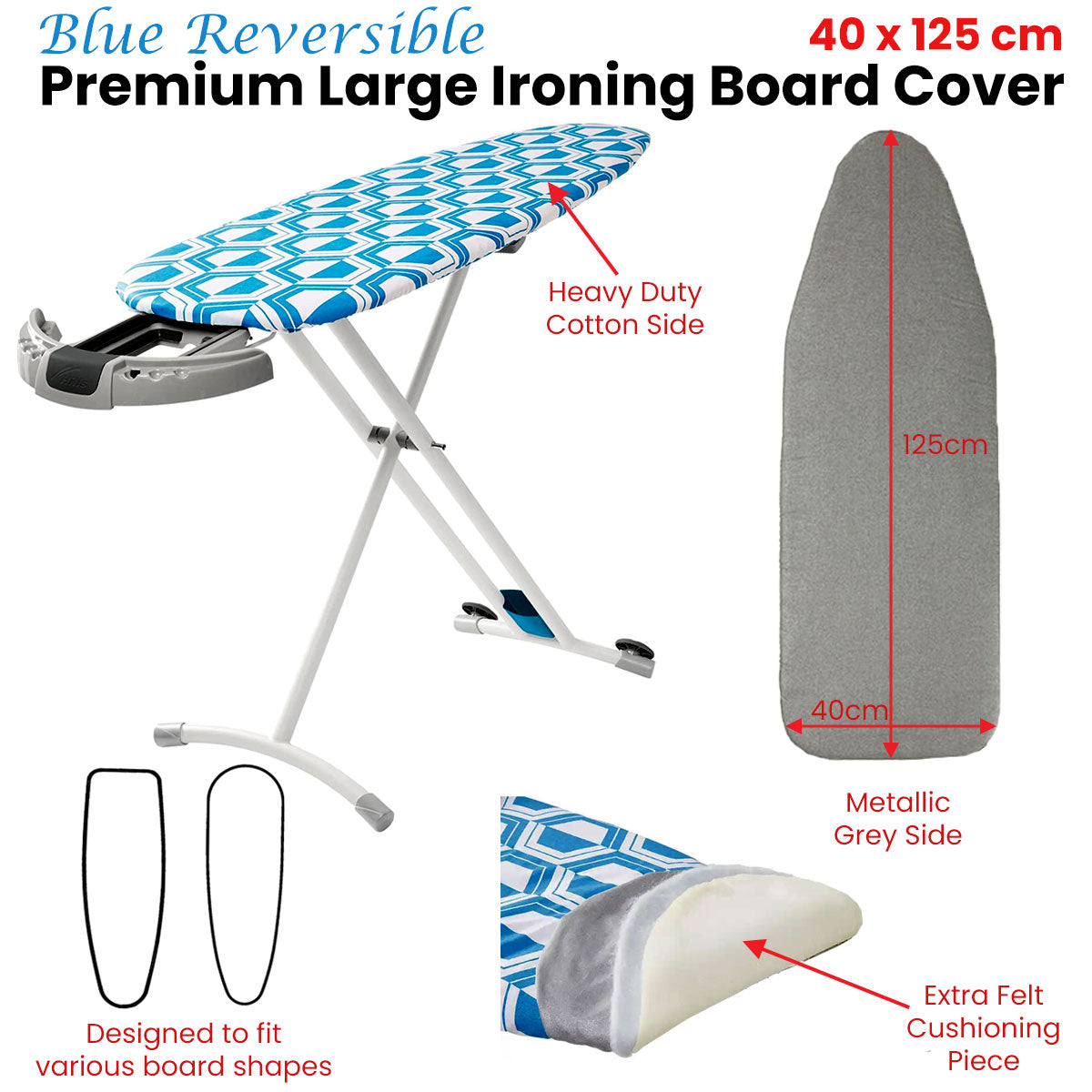 Blue Reversible Premium Large Ironing Board Cover with Underlay 40 x 125 cm Tristar Online