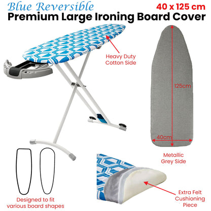 Blue Reversible Premium Large Ironing Board Cover with Underlay 40 x 125 cm Tristar Online