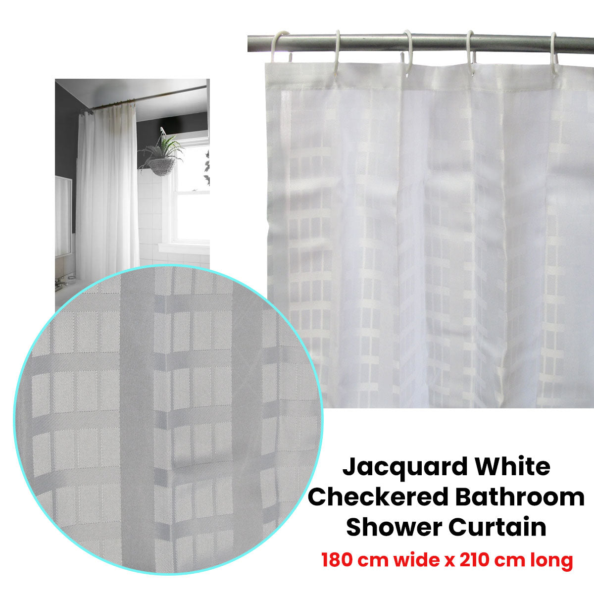 Jacquard White Checkered Bathroom Shower Curtain 180cm wide x 210 cm long Tristar Online