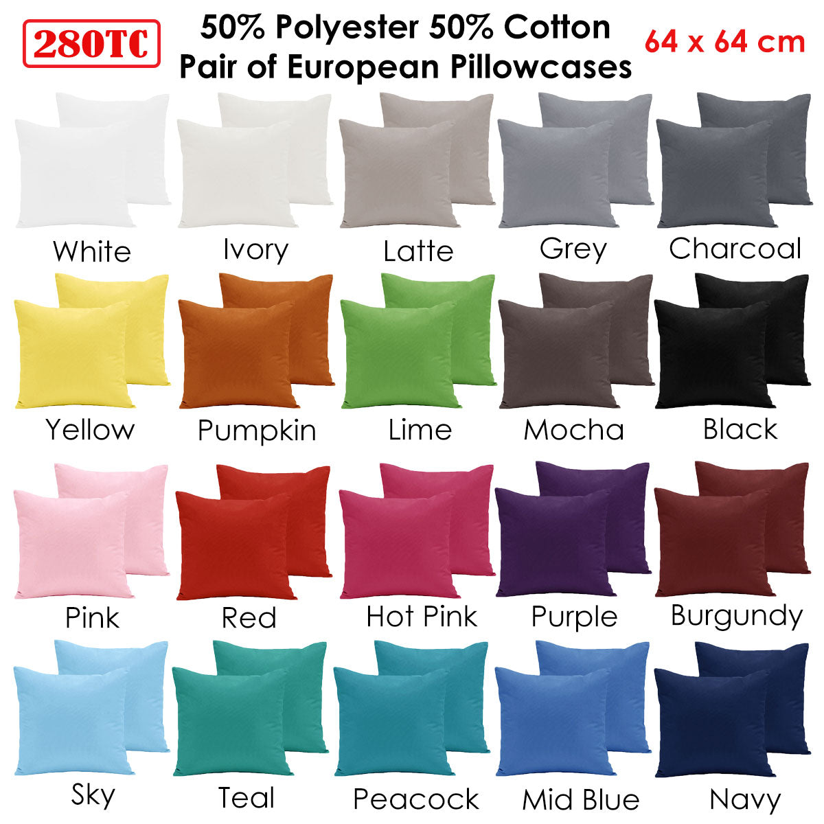 Pair of  280TC Polyester Cotton European Pillowcases Mid Blue Tristar Online