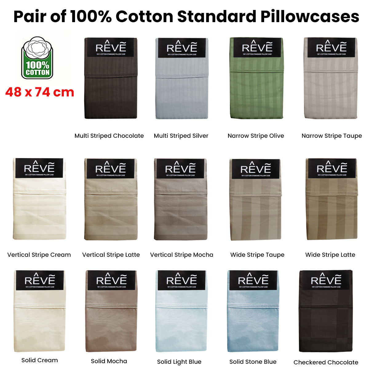 Pair of Reve 100% Cotton Standard Pillowcases 48 x 74 cm Solid Cream Tristar Online