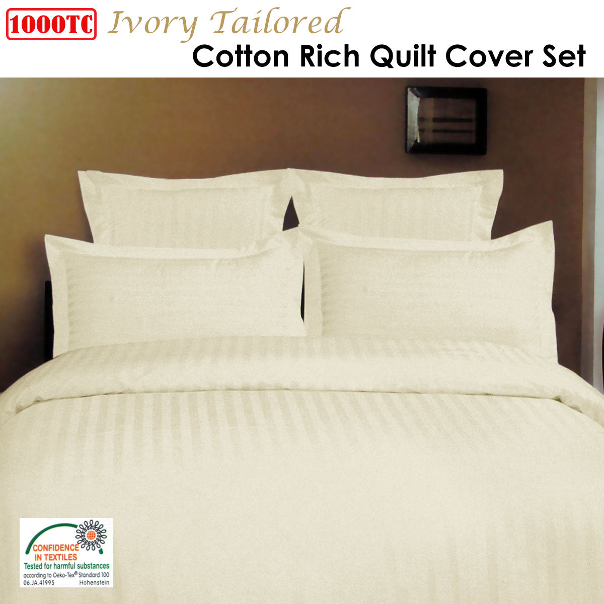 1000TC Self Striped Tailored Quilt Cover Set Ivory King Tristar Online