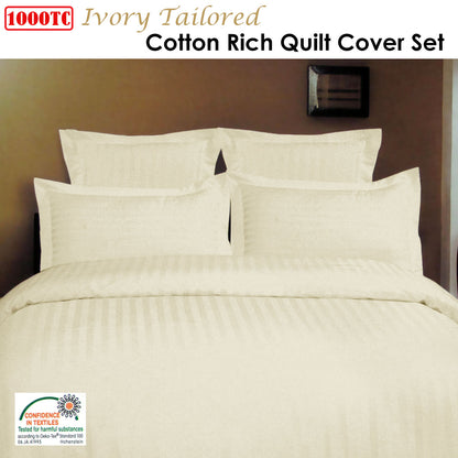 1000TC Self Striped Tailored Quilt Cover Set Ivory King Tristar Online