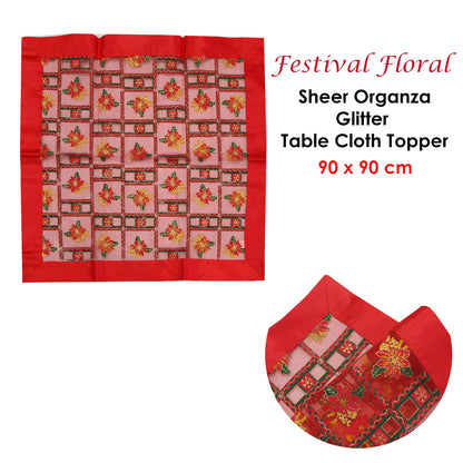 Christmas Red Festival Floral Sheer Organza Glitter Table Cloth Topper 90 x 90 cm Tristar Online