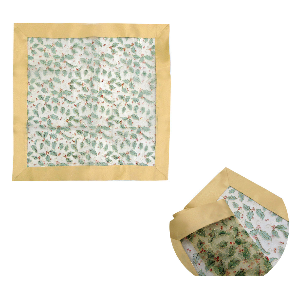 Christmas Gold Holly Sheer Organza Glitter Table Cloth Topper 90 x 90 cm Tristar Online