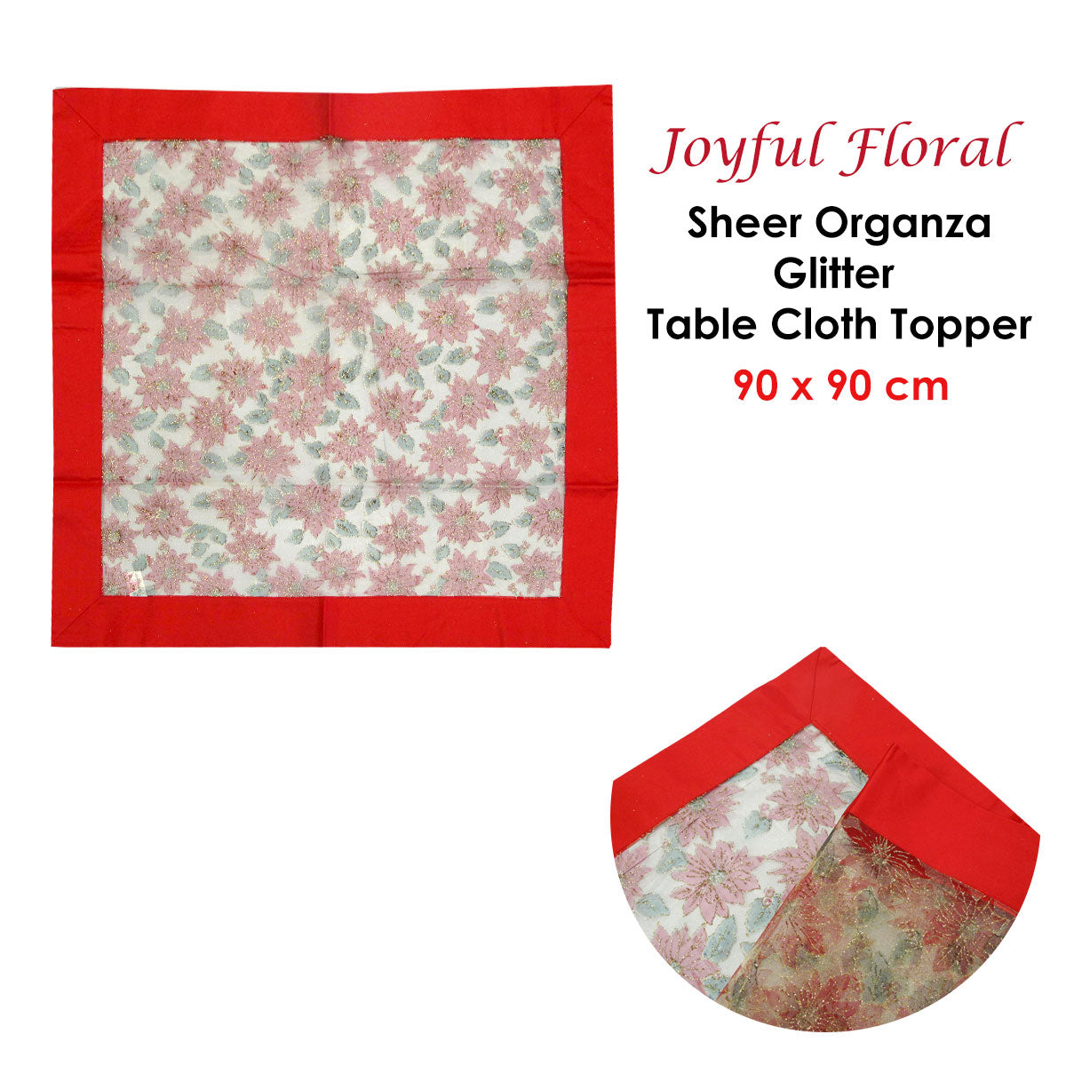 Christmas Red Joyful Floral Sheer Organza Glitter Table Cloth Topper 90 x 90 cm Tristar Online