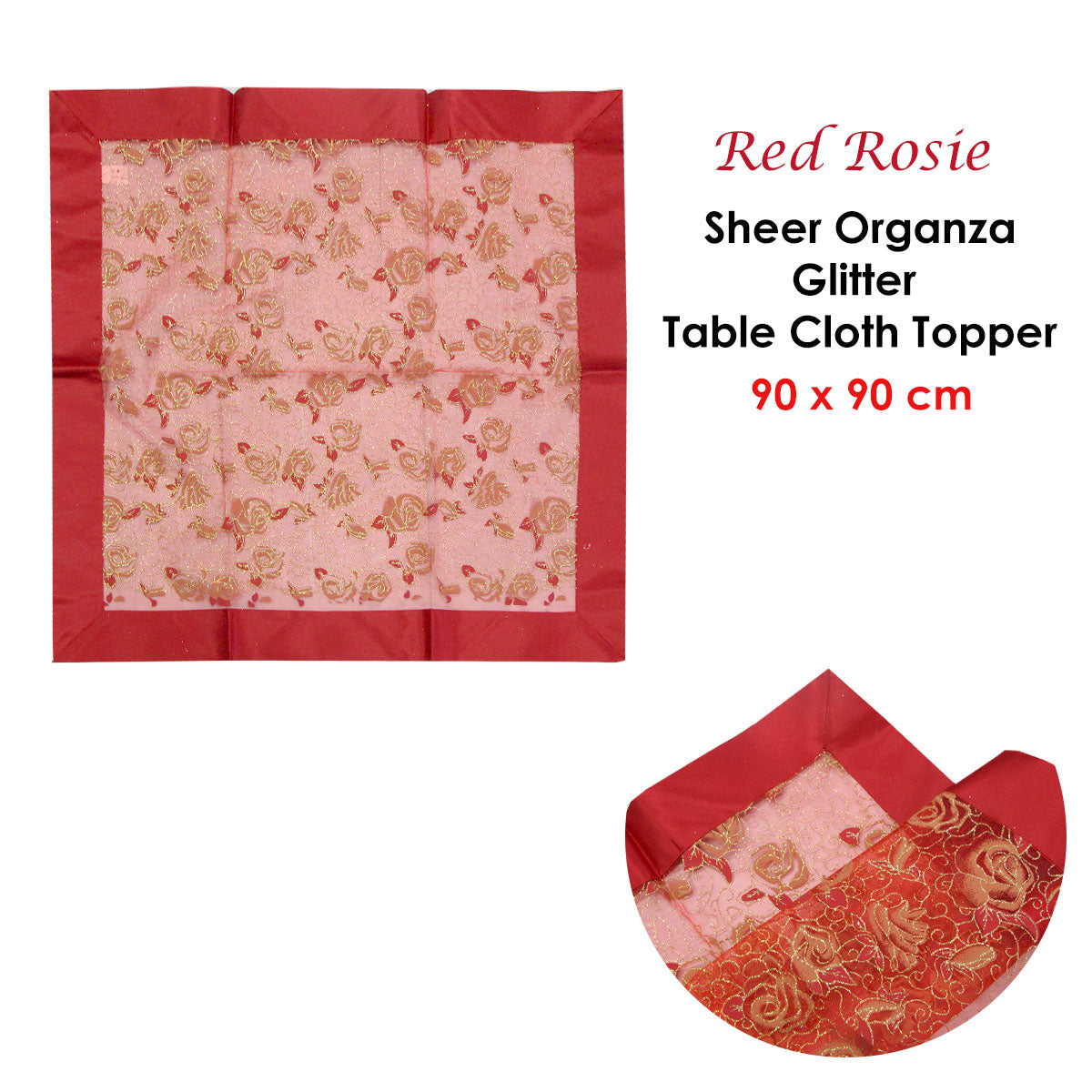 Christmas Red Rosie Sheer Organza Glitter Table Cloth Topper 90 x 90 cm Tristar Online
