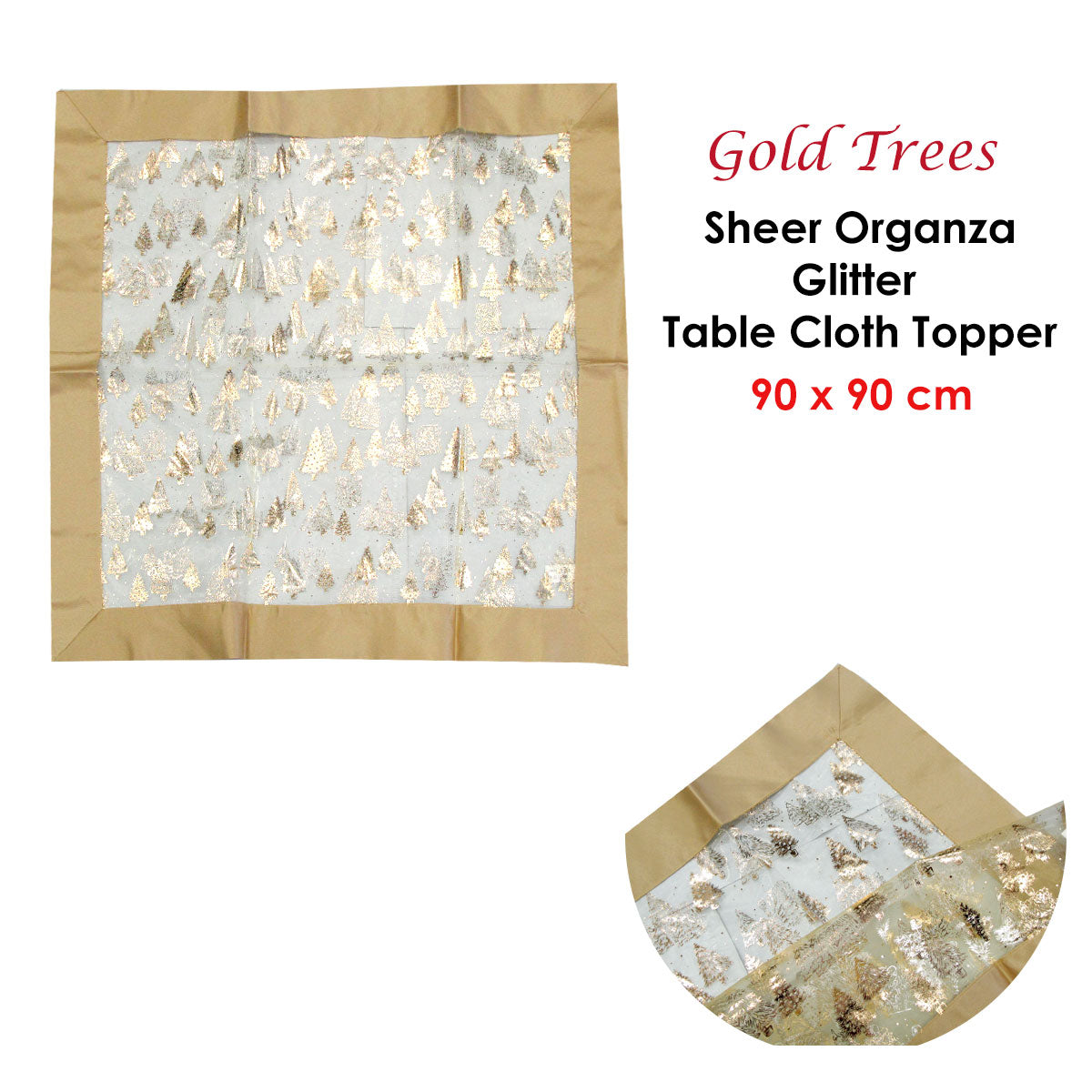 Christmas Gold Trees Sheer Organza Glitter Table Cloth Topper 90 x 90 cm Tristar Online