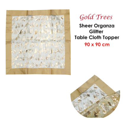 Christmas Gold Trees Sheer Organza Glitter Table Cloth Topper 90 x 90 cm Tristar Online