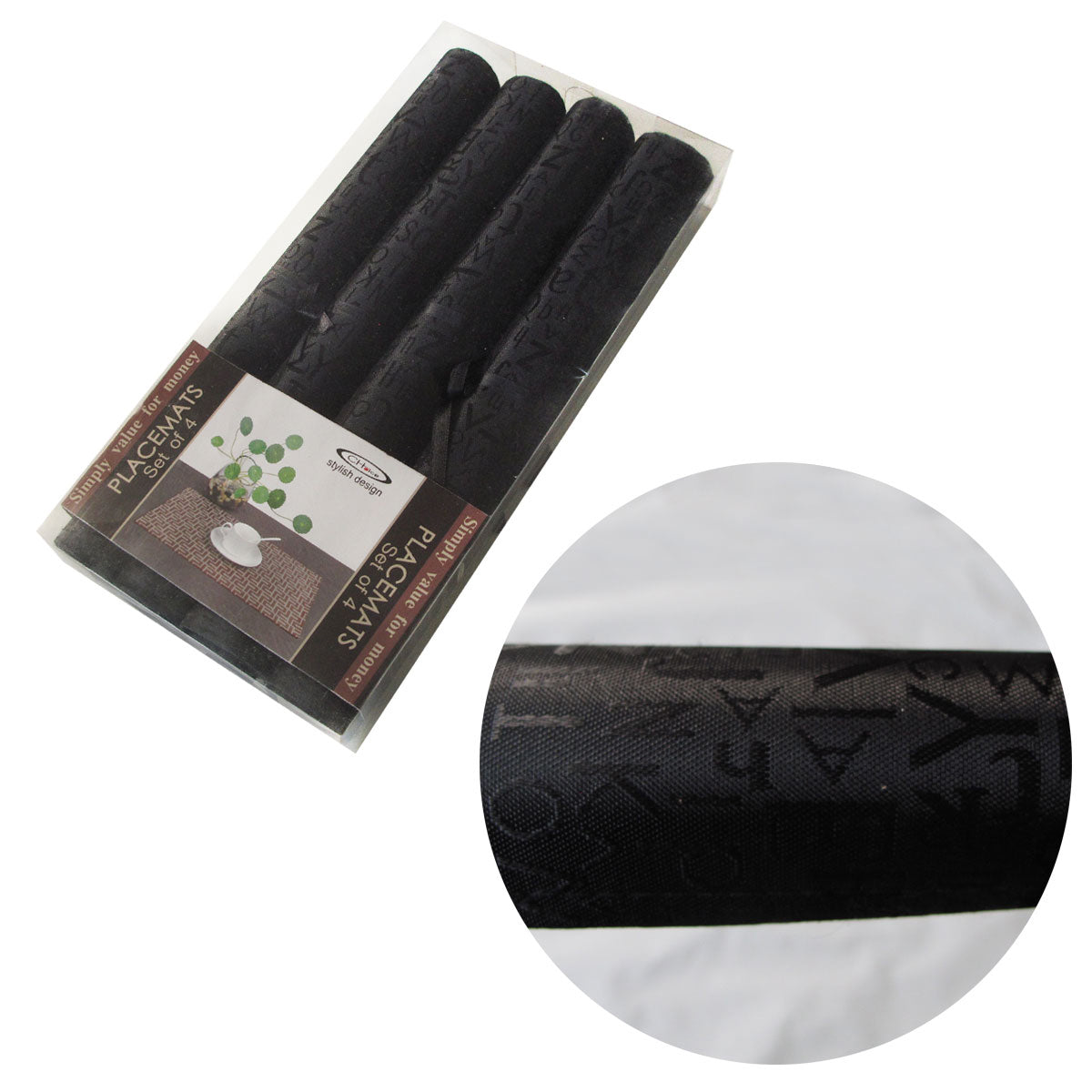 Set of 4 Jacquard Satin Letters Table Placemats Black 30 x 45cm Tristar Online
