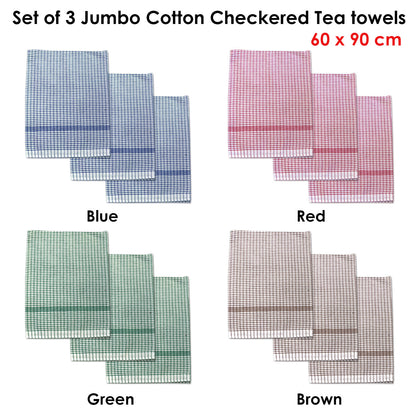 Set of 3 Jumbo Cotton Checkered Tea Towels 60 x 90 cm Green Tristar Online