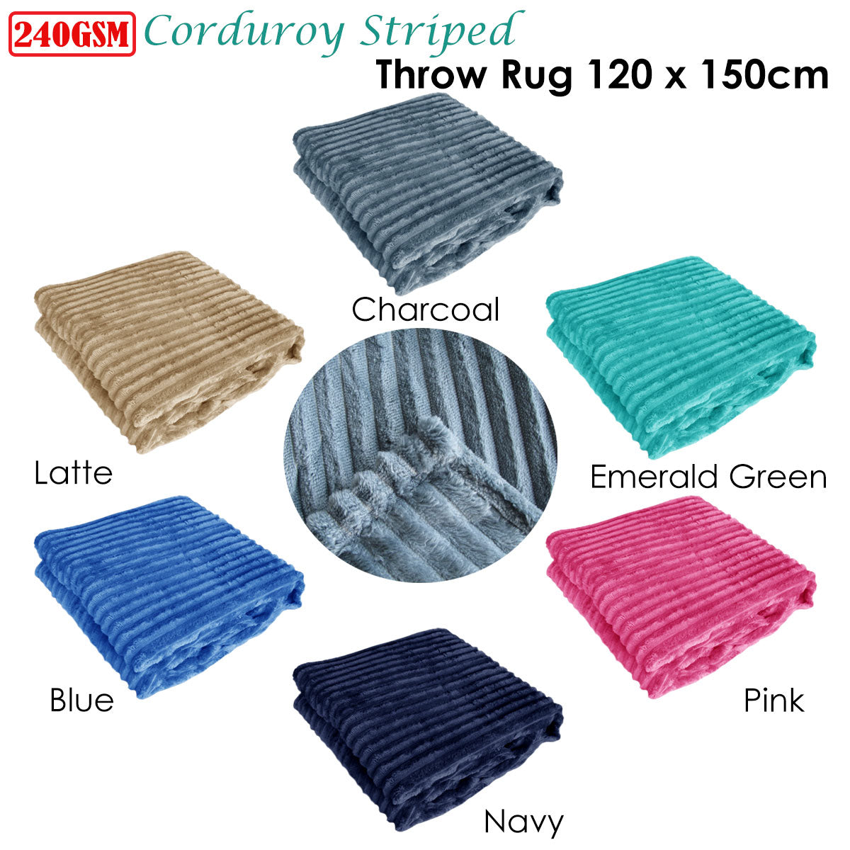 240GSM Corduroy Striped Throw Rug Emerald Green Tristar Online