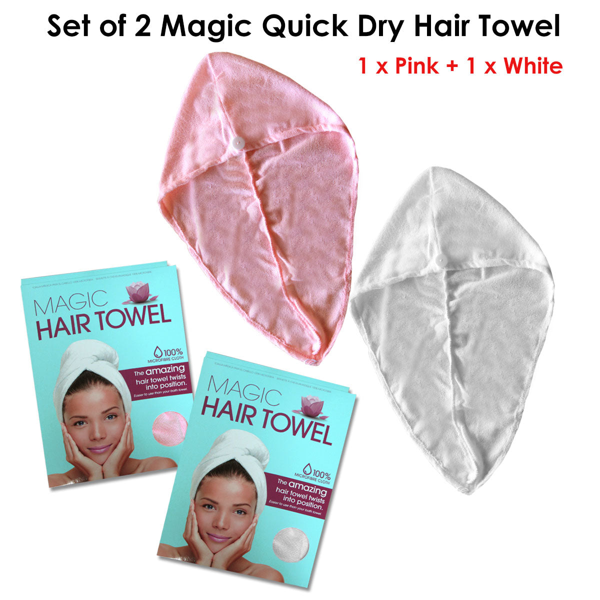 Set of 2 Magic Quick Dry Microfibre Hair Dryer Towels Pink + White Tristar Online