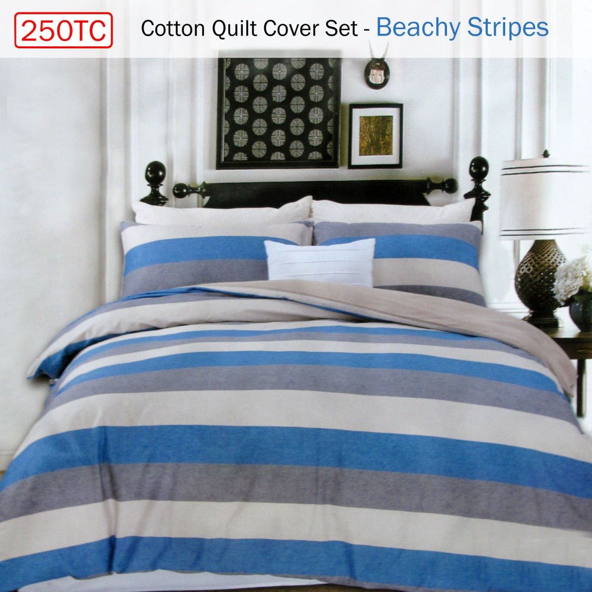 250TC Cotton Reversible Quilt Cover Set Beachy Stripes Queen Tristar Online