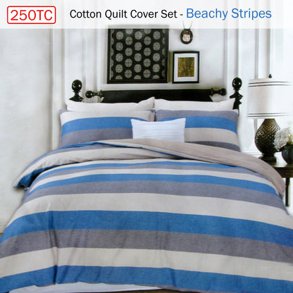 250TC Cotton Reversible Quilt Cover Set Beachy Stripes Queen Tristar Online