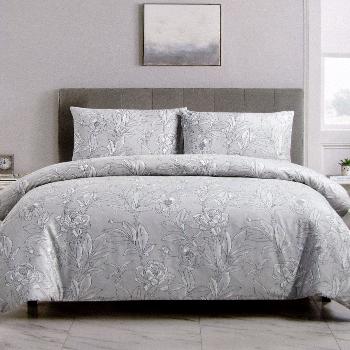 Artex Silver Peony Floral Printed Microfiber Polyester Quilt Cover Set Queen Tristar Online