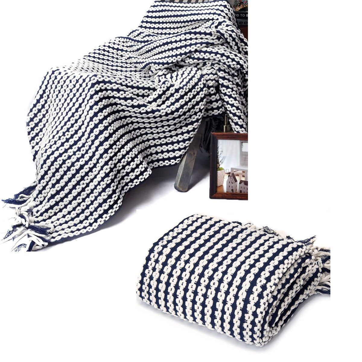 Chains Navy Knitted Throw Rug Tristar Online