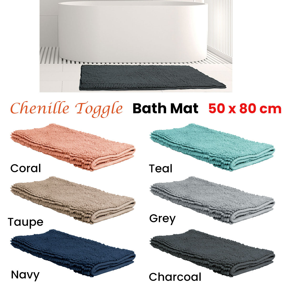 Chenille Toggle Bath Mat 50 x 80cm Charcoal Tristar Online
