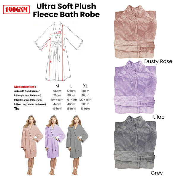 190GSM Ultra Soft Plush Fleece Bath Robe Dusty Rose L Tristar Online