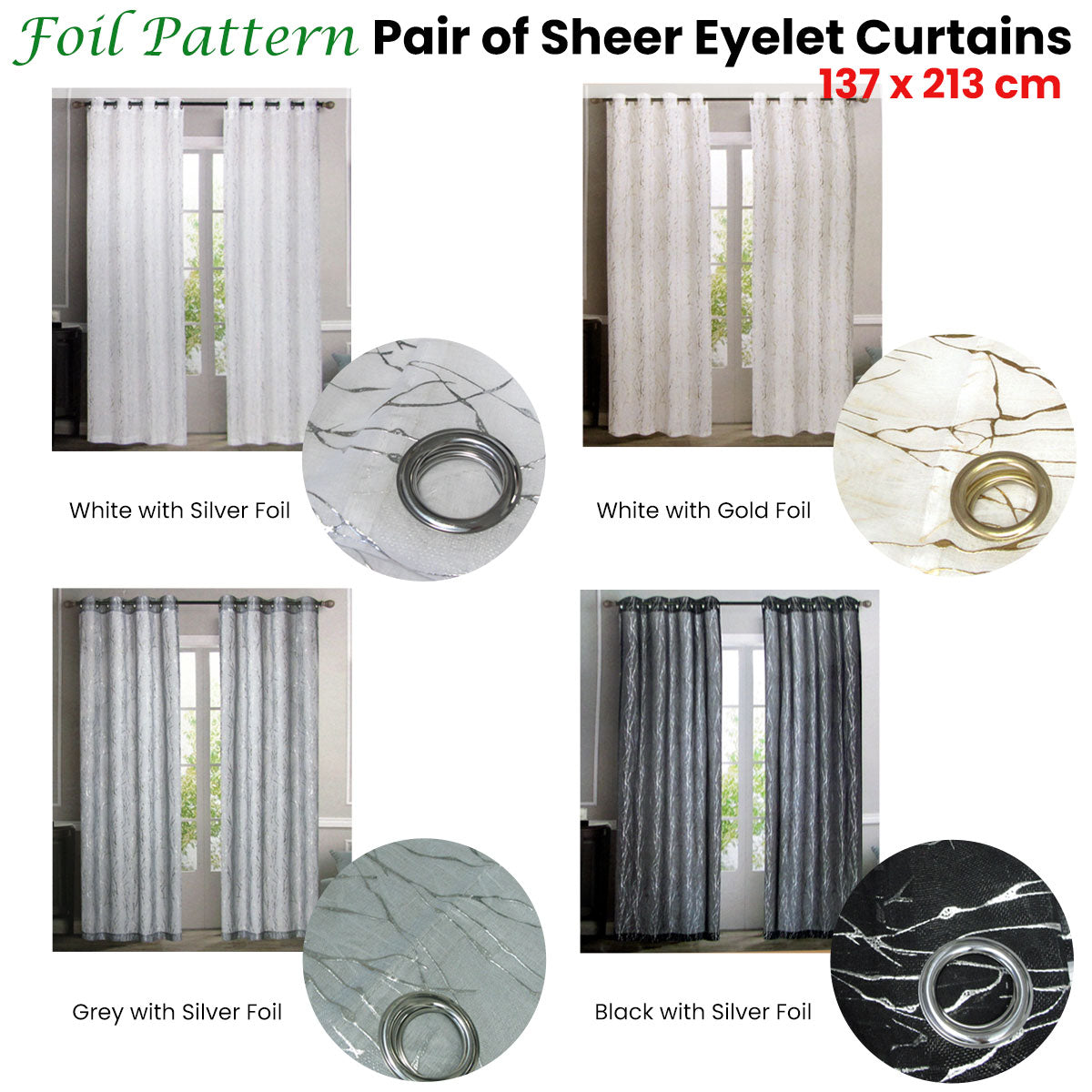 Pair of Sheer Eyelet Curtains White with Gold Foils 137 x 213 cm Tristar Online