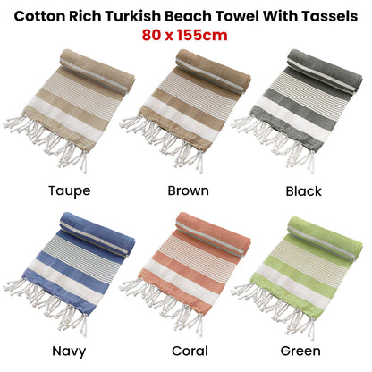 Cotton Rich Large Turkish Beach Towel with Tassels 80cm x 155cm Black Tristar Online
