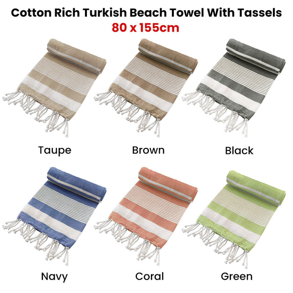 Cotton Rich Large Turkish Beach Towel with Tassels 80cm x 155cm Brown Tristar Online