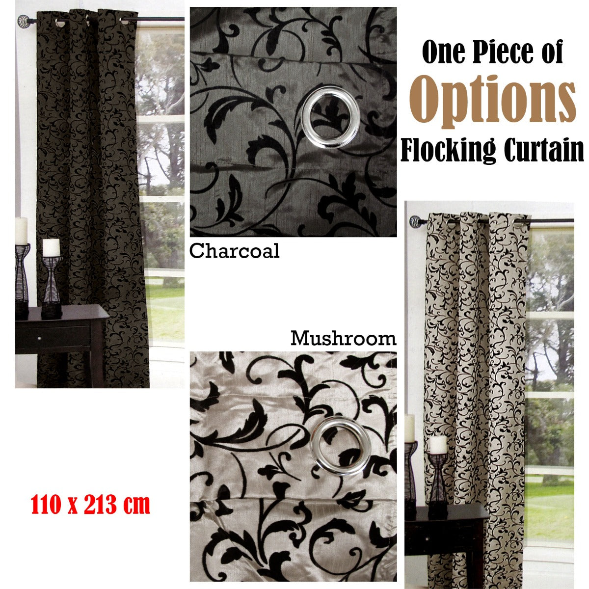 One Piece of Options Flocking Unlined Curtain 110 x 213 cm Charcoal Tristar Online
