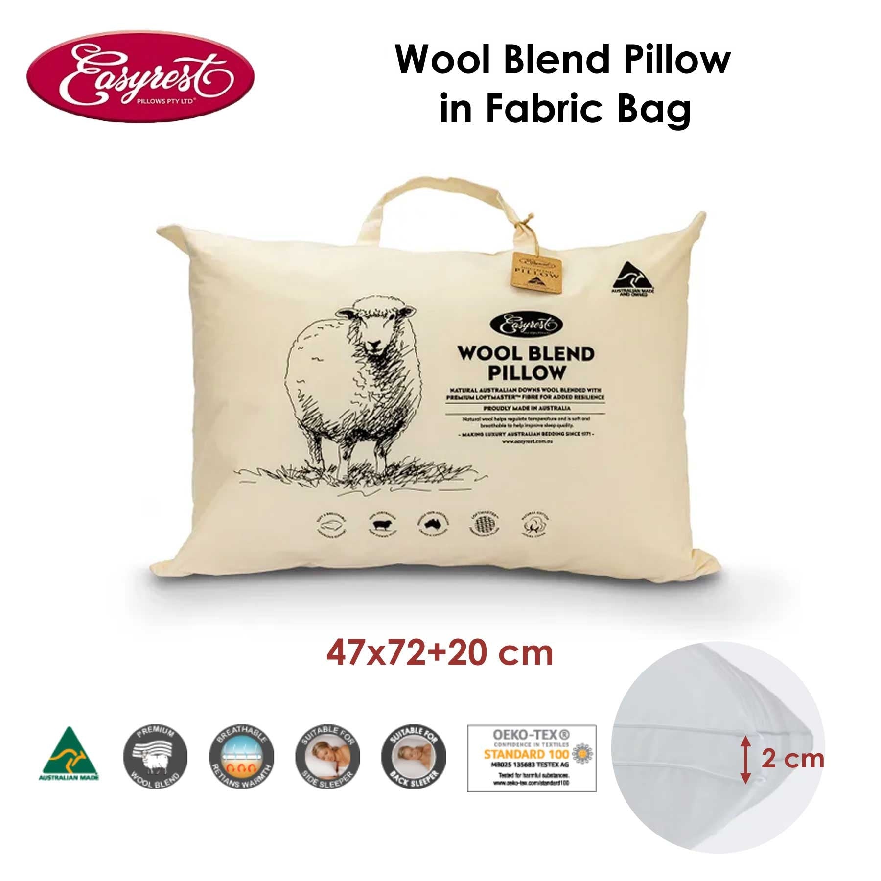 Easyrest Wool Blend Standard Pillow in Fabric Bag 47 x 72 + 20 cm Tristar Online
